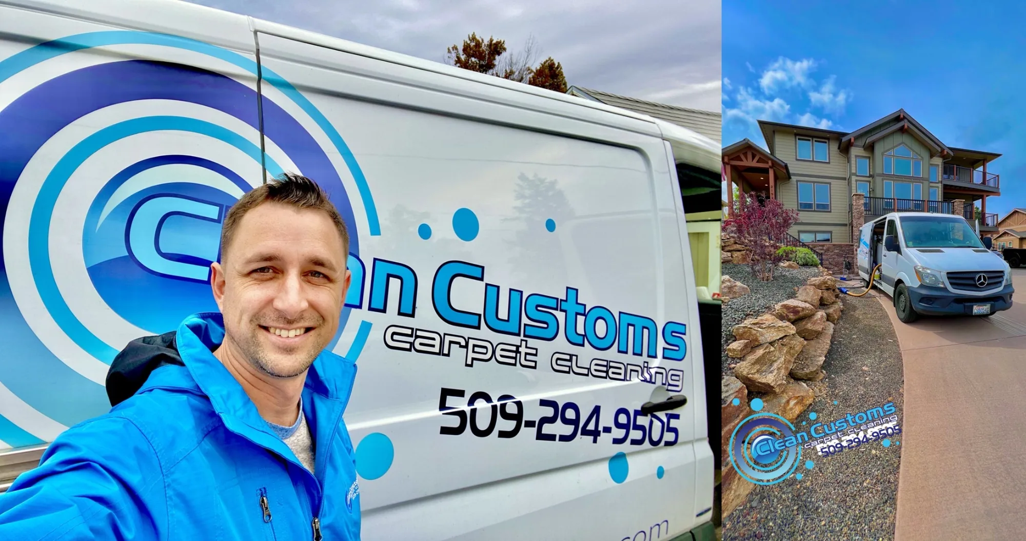 BJ Bower owner of Clean Customs Carpet Cleaning with his truck-mounted van Spokane WA