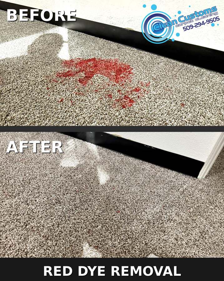 Red Jello dye stain removed from carpet before and after Spokane Clean Customs
