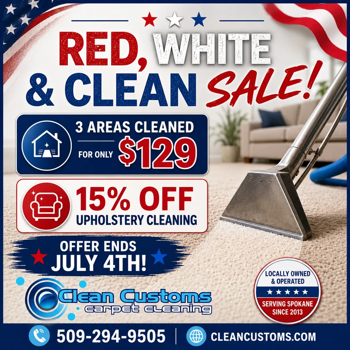 Red, White & Clean Sale: 3 Areas Cleaned $129 + 15% Off Upholstery Cleaning. Offer ends July 4, 2026.